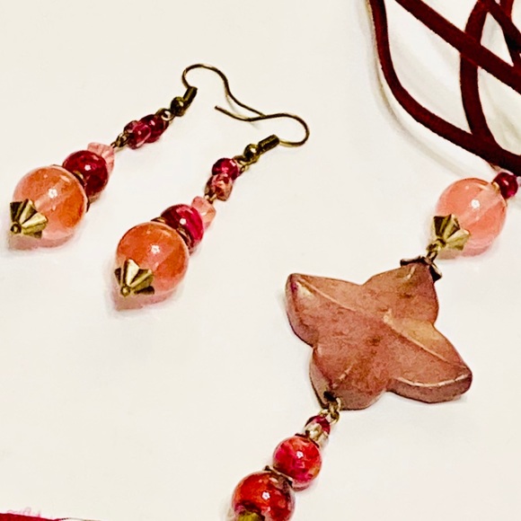 Dark Pink Mauve Rhodonite Stone Necklace & Cherry Quartz Zinfandel Earrings BOHO - Picture 4 of 15
